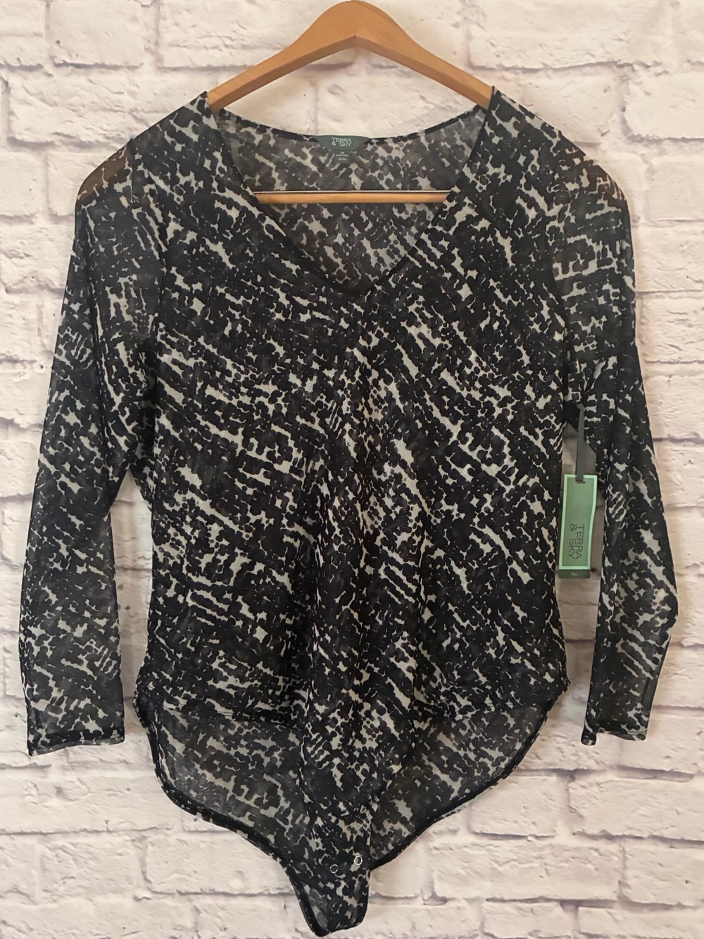 Terra & Sky Black & White Patterned Long-Sleeve V-Neck Mesh Bodysuit - 2X